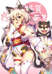 Rule 34 | 1girl, 2018, :d, absurdres, animal ears, bikini, bikini bottom only, black thighhighs, blush, brown eyes, commentary request, cowboy shot, dog, dog ears, fangs, floral print, gradient background, hair between eyes, happy new year, highres, japanese clothes, kimono, long hair, looking at viewer, multicolored hair, nengajou, new year, obi, open mouth, original, ribbon trim, sash, shennai misha, short hair with long locks, short kimono, side-tie bikini bottom, sidelocks, silver hair, smile, solo, streaked hair, swimsuit, thick eyebrows, thighhighs, white kimono, white thighhighs, wide sleeves