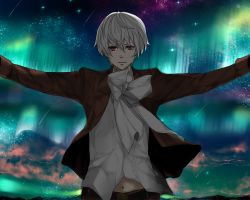 Rule 34 | 1boy, aurora, axis powers hetalia, bad id, bad pixiv id, gori, iceland (hetalia), male focus, md5 mismatch, midriff, night, night sky, outdoors, outstretched arms, red eyes, sky, solo, white hair