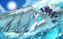 Rule 34 | closed mouth, cloud, commentary request, creatures (company), day, from below, game freak, gen 2 pokemon, legendary pokemon, lugia, mujiao, nintendo, no humans, outdoors, pokemon, pokemon (creature), red eyes, sky, solo, sun, water, water drop