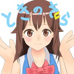 Rule 34 | 1girl, bare arms, bare shoulders, blue skirt, blue vest, blush, bow, bowtie, brown eyes, brown hair, character name, collarbone, collared shirt, commentary request, crop top, cropped shirt, cropped vest, hololive, long hair, looking at viewer, miniskirt, nagape, pleated skirt, red bow, red bowtie, shirt, sitting, skirt, sleeveless, sleeveless shirt, smile, solo, straight hair, tokino sora, tokino sora (old design), vest, virtual youtuber, white shirt