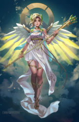 Rule 34 | 1girl, ancient greek clothes, anna lynn, artist name, blonde hair, blue eyes, blue sky, breasts, chiton, cloud, cloudy sky, commentary, dress, english commentary, feathered wings, full body, greco-roman clothes, head wreath, high ponytail, himation, holding, holding staff, laurel crown, logo, looking at viewer, mechanical wings, medium breasts, mercy (overwatch), nose, official alternate costume, overwatch, overwatch 1, pelvic curtain, pink lips, sandals, short hair, short sleeves, signature, sky, solo, staff, toes, toga, white dress, winged victory mercy, wings, yellow wings
