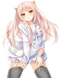Rule 34 | 1girl, animal ears, bare shoulders, black thighhighs, blonde hair, blush, cat ears, cat tail, cocoa (cafe-hotcocoa), collarbone, long hair, original, paw print, shino (endyy), simple background, solo, tail, thighhighs, wavy mouth, white background, yellow eyes