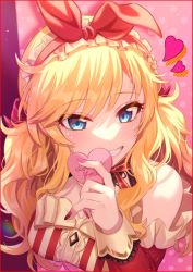 Rule 34 | 1girl, :d, blonde hair, blue eyes, dress, frilled hairband, frills, grin, hairband, heart, highres, idolmaster, idolmaster cinderella girls, looking at viewer, nail polish, off-shoulder dress, off shoulder, ohtsuki yui, open mouth, smile, solo, talaloco, twintails, two-tone dress, upper body, wavy hair