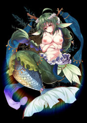 Rule 34 | 1girl, ahoge, animal ears, bad id, bad pixiv id, black background, black hair, braid, breast hold, breasts, brown eyes, choker, crossed arms, fins, fish tail, floral print, flower, frills, full body, green hair, green skirt, hair flower, hair ornament, head fins, head tilt, highres, horns, jewelry, large breasts, long hair, looking at viewer, mermaid, monster girl, navel, nipples, original, ponytail, pussy, scales, shawl, single braid, skirt, smile, solo, tail, togo (pixiv6587511), topless, uncensored, very long hair, yellow eyes
