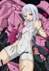 00s 1girl bad_id bad_pixiv_id bodysuit cameltoe female_focus flat_chest gundam gundam_00 long_hair madhatter_hello mecha open_mouth robot silver_hair sleeveless solo soma_peries yellow_eyes