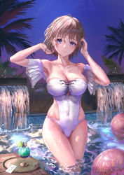 Rule 34 | 1girl, absurdres, artist name, ball, beachball, breasts, brown hair, cameltoe, casual one-piece swimsuit, clothing cutout, collarbone, covered navel, cross-laced clothes, cross-laced one-piece swimsuit, cup, dated, drinking glass, dripping, frills, groin, hands up, highres, looking at viewer, medium breasts, night, one-piece swimsuit, original, outdoors, palm tree, pool, shiny skin, short hair, side cutout, skindentation, smile, solo, standing, swimsuit, tooku0, tray, tree, wading, wet, wet clothes, wet hair, wet swimsuit, white one-piece swimsuit