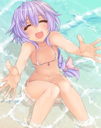 Rule 34 | 1girl, alternate breast size, beach, bikini, blush, braid, breasts, cleavage, collarbone, day, dura, closed eyes, flat chest, kami jigen game neptune v, long hair, micro bikini, midriff, navel, neptune (series), outdoors, outstretched arms, partially submerged, purple hair, pururut, ribbon, single braid, sitting, smile, spread arms, stomach, swimsuit, water, wet, wet clothes, wet swimsuit