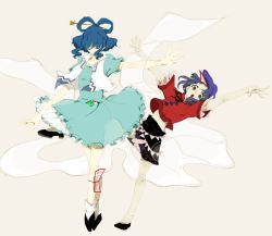 Rule 34 | 2girls, blue eyes, blue hair, chinese clothes, closed eyes, dress, female focus, flower, hair ornament, hair rings, hair stick, hat, kaku seiga, mimimimimipom, miyako yoshika, multiple girls, ofuda, open mouth, outstretched arms, shawl, shoes, simple background, tiptoes, touhou, vest, zombie pose