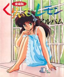 Rule 34 | 1980s (style), 1girl, aqua eyes, barefoot, brown hair, cream lemon, cup, day, flower, full body, indoors, knees up, logo, long hair, looking at viewer, nightgown, non-web source, official art, oldschool, retro artstyle, sitting, smile, solo, window