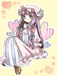 Rule 34 | 1girl, bad id, bad pixiv id, blunt bangs, bow, crescent, crescent moon, cross-laced footwear, female focus, hair bow, hair ribbon, hat, heart, lk (artist), long hair, moon, multiple hair bows, patchouli knowledge, pink bow, purple eyes, purple hair, ribbon, sitting, solo, striped, touhou