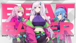 Rule 34 | 3girls, aqua belt, aqua eyes, bare shoulders, beat eater (vocaloid), belt, beret, black leotard, blue eyes, blue hair, blush, breasts, commentary, dhokidoki, earrings, english commentary, eyewear on head, hair ornament, hat, highres, hololive, hololive english, hololive indonesia, hoshimachi suisei, jacket, jewelry, large breasts, leotard, leotard under clothes, long hair, long sleeves, looking at viewer, midriff, mori calliope, multiple girls, navel, off shoulder, official art, open clothes, open collar, open jacket, pavolia reine, pink eyes, pink hair, pink headwear, pink jacket, second-party source, sidelocks, silver hair, song name, virtual youtuber, vocaloid, wing collar