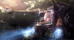 Rule 34 | armored vehicle, cannon, cloud, cloudy sky, commentary, crosshair, glowing, highres, last origin, mecha, no humans, robot, science fiction, seljuq (last origin), sinensian, sky, turret, vehicle focus, weapon
