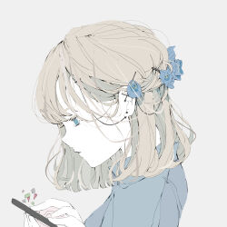 Rule 34 | 1girl, absurdres, blonde hair, blue eyes, blue flower, blue shirt, cellphone, choppy bangs, collared shirt, ear piercing, flower, from side, hair flower, hair ornament, highres, holding, holding phone, long bangs, long sleeves, looking at phone, medium hair, no pupils, nocopyrightgirl, original, pale skin, parted lips, phone, piercing, portrait, shirt, simple background, smartphone, solo, white background
