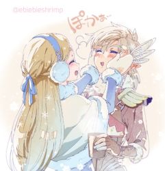 Rule 34 | 1boy, 1girl, blonde hair, blush stickers, breath, brown gloves, capelet, cup, earmuffs, closed eyes, feather hair ornament, feathers, fingerless gloves, fur trim, gloves, hair between eyes, hair ornament, hair ribbon, hand on another&#039;s cheek, hand on another&#039;s face, link, long hair, looking at another, mittens, nintendo, open mouth, pointy ears, princess zelda, ribbon, shirt, short hair, shuri (84k), smile, snowflakes, the legend of zelda, the legend of zelda: breath of the wild, twitter username, upper body