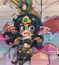 Rule 34 | 1girl, alternate ears, alternate form, bare shoulders, black gloves, black hair, black thighhighs, blush, boomerang, boots, breasts, brown footwear, fang, gem, gloves, green eyes, hair ornament, knee boots, league of legends, long hair, navel, open mouth, phantom ix row, pointy ears, sivir, skin fang, small breasts, solo, stomach, thighhighs, weapon, yordle