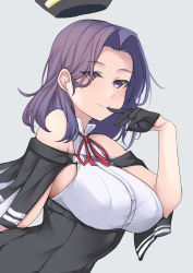 Rule 34 | 1girl, absurdres, black capelet, black gloves, blush, breasts, capelet, closed mouth, dress, gloves, grey background, hair intakes, halo, highres, jiangyou dang, kantai collection, large breasts, looking at viewer, mechanical halo, medium hair, neck ribbon, purple eyes, purple hair, red ribbon, ribbon, simple background, solo, tatsuta (kancolle), tatsuta kai ni (kancolle), upper body