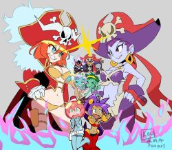 Rule 34 | 2boys, 6+girls, alien, aqua skin, artist name, bare shoulders, belt, bikini, black eyes, blue eyes, bodysuit, bow, bowtie, bracer, breasts, camisole, cape, cleavage, collared shirt, colored sclera, colored skin, commentary, crop top, crossover, dark-skinned female, dark skin, dated, earrings, eyeball, eyes visible through hair, frills, gem, genie, gloves, green eyes, green hair, green skin, hair between eyes, hair ornament, hairband, hand on own hip, hat, hoop earrings, horns, jewelry, king of unlucky, lalaco godspeed, lipstick, long hair, long sleeves, loose belt, luluco, maebari, makeup, mature female, midori (uchuu patrol luluco), midriff, mother and daughter, multiple boys, multiple girls, navel, one eye closed, open mouth, orange hair, over justice, pants, pirate, pirate hat, pirate master, plume, pointy ears, ponytail, pouch, purple camisole, purple hair, purple skin, red eyes, red hair, red headwear, risky boots, rottytops, school uniform, selfie, shantae, shantae (series), shantae and the seven sirens, sharp teeth, shirt, short hair, simple background, skeleton, skull, skull and crossbones, skull earrings, sleeve cuffs, sleeves past wrists, smile, smirk, standing, star (symbol), star hair ornament, stomach, sweat, swept bangs, swimsuit, tank top, teeth, thighs, tongue, trait connection, trigger (company), uchuu patrol luluco, v-shaped eyebrows, vambraces, very long hair, wing collar, yellow hairband, yellow sclera, zombie