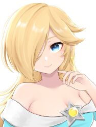 Rule 34 | 1girl, blonde hair, blue dress, blue eyes, breasts, cleavage, closed mouth, commentary request, dress, earrings, hair over one eye, highres, jewelry, large breasts, long hair, looking at viewer, mario (series), nintendo, off-shoulder dress, off shoulder, parted bangs, rosalina, simple background, smile, solo, star (symbol), star earrings, super mario galaxy, tomatomiya, upper body, white background