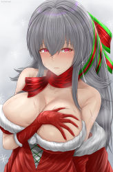 Rule 34 | 1girl, archstreal, artist name, azur lane, bare shoulders, blush, breasts, christmas, cleavage, cross, cross earrings, dress, earrings, closed eyes, gloves, grey background, grey hair, hair ribbon, hand on own chest, highres, jewelry, large breasts, long hair, looking at viewer, purple eyes, red gloves, red scarf, ribbon, saint-louis (azur lane), santa costume, santa dress, santa gloves, scarf, solo, sweat