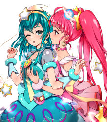Rule 34 | 2girls, ;o, aqua choker, aqua dress, aqua eyes, aqua hair, blunt bangs, blush, breasts, bubble skirt, choker, closed mouth, collarbone, commentary request, couple, cure milky, cure star, dress, earrings, elf, eye contact, female focus, frilled dress, frills, grabbing, grabbing another&#039;s breast, grabbing from behind, hagoromo lala, hair ornament, highres, hoop earrings, hoshina hikaru, jewelry, long hair, looking at another, looking back, low-tied long hair, magical girl, multiple girls, neck, necklace, off-shoulder dress, off shoulder, one eye closed, open mouth, pink choker, pink dress, pink eyes, pink hair, pointy ears, precure, puffy short sleeves, puffy sleeves, pukara, see-through, see-through sleeves, shooting star hair ornament, short hair, short sleeves, simple background, skirt, small breasts, smile, standing, star-shaped pupils, star (symbol), star earrings, star hair ornament, star necklace, star twinkle precure, symbol-shaped pupils, twintails, very long hair, white background, wince, yuri