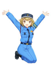 Rule 34 | 1girl, :d, armband, arms up, bad id, bad pixiv id, belt, belt buckle, black belt, black footwear, blue hat, blue pants, blue shirt, blush, boots, breasts, brown eyes, buckle, collared shirt, dress shirt, full body, hair between eyes, hat, kurata rine, light brown hair, long sleeves, looking at viewer, o/, open mouth, original, outstretched arms, pants, shirt, simple background, small breasts, smile, solo, uniform, white background