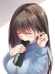 Rule 34 | 1girl, black hair, blue sweater, blush, breasts, closed eyes, creek (moon-sky), eating, ehoumaki, fellatio, food, food in mouth, hair between eyes, tucking hair, highres, holding, holding food, large breasts, long sleeves, makizushi, oral, original, ribbed sweater, setsubun, sexually suggestive, simple background, simulated fellatio, solo, sushi, sweater, upper body, white background