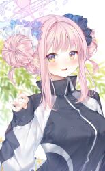 Rule 34 | 1girl, aimi (mimi nii2), animal ears, black jacket, blue archive, blush, bow, commentary, double bun, ear ribbon, flower, hair bun, hair flower, hair ornament, halo, highres, jacket, long sleeves, looking at viewer, medium hair, mika (blue archive), multicolored clothes, multicolored jacket, open mouth, pink hair, pink halo, pink pupils, purple flower, ribbon, sleeves past wrists, smile, solo, track jacket, two-tone jacket, upper body, white jacket, white ribbon, yellow eyes