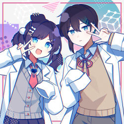 Rule 34 | 1boy, 1girl, aiba uiha, animal ear piercing, animal ears, black hair, blue eyes, blush, border, bow, bowtie, brooch, cardigan, coat, collared shirt, commentary request, dog ears, dog girl, frown, green background, green eyes, green hair, grey cardigan, jewelry, lab coat, looking at viewer, mayuzumi kai, mole, mole under eye, multicolored background, multicolored hair, necktie, nijisanji, open mouth, purple background, purple hair, red bow, red bowtie, red necktie, shirt, short hair, short twintails, simple background, sleeves past fingers, sleeves past wrists, smile, streaked hair, sweater, sweater vest, twintails, virtual youtuber, w, waka (wk4444), white background, white coat, white shirt, yellow sweater