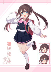Rule 34 | 1girl, :d, absurdres, backpack, bag, black skirt, black vest, blush, brown footwear, brown hair, commentary request, expressions, fang, green eyes, hair between eyes, hair bobbles, hair ornament, hand up, highres, kaga nazuna, kneehighs, loafers, long hair, long sleeves, looking at viewer, multiple views, okota mikan, open mouth, pinching sleeves, pleated skirt, puffy long sleeves, puffy sleeves, randoseru, ribbed socks, school uniform, shirt, shoes, skirt, sleeves past wrists, smile, socks, standing, standing on one leg, translation request, twintails, very long hair, vest, virtual youtuber, vspo!, white shirt, white socks