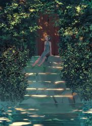 Rule 34 | 1girl, bare shoulders, barefoot, door, lake, loika, looking to the side, original, plant, sitting, stairs, stone stairs, water
