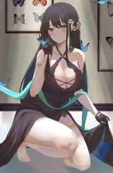 Rule 34 | 1girl, armlet, bare legs, barefoot, black dress, black gloves, black hair, blush, breasts, brown eyes, bug, butterfly, butterfly on hand, butterfly on shoulder, cleavage, criss-cross halter, dress, framed insect, full body, girls&#039; frontline, gloves, green hair, hair ornament, halterneck, heart, heart-shaped pupils, highres, insect, jewelry, large breasts, long hair, m4a1 (girls&#039; frontline), m4a1 (suspender of time) (girls&#039; frontline), multicolored hair, official alternate costume, on one knee, ru zhai, side slit, sleeveless, sleeveless dress, smile, solo, starry sky print, streaked hair, symbol-shaped pupils, thighlet