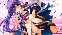 Rule 34 | 1girl, black thighhighs, braid, breasts, censored, date masamune (sengoku hime), eyepatch, feet, female focus, from below, katana, large breasts, leg lift, long hair, navel, nipples, no shoes, panties, ponytail, puffy nipples, purple hair, pussy, samurai, sengoku hime, sengoku hime 4, soles, solo, standing, sword, thighhighs, toes, torn clothes, underwear, unicorn-a, weapon, white panties, yellow eyes