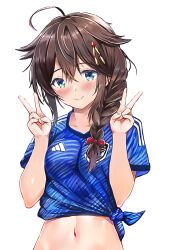 Rule 34 | 1girl, 2022 fifa world cup, ahoge, blue shirt, blush, bow, braid, breasts, brown hair, closed mouth, commentary request, double v, hair between eyes, hair bow, hair flaps, hair ornament, hair over shoulder, hands up, highres, kantai collection, navel, red bow, revision, shigure (kancolle), shirt, short sleeves, simple background, single braid, small breasts, smile, soccer uniform, solo, sportswear, staryume, tied shirt, upper body, v, white background, world cup