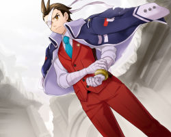 Rule 34 | 1boy, ace attorney, ahoge, apollo justice, bad id, bad pixiv id, bandage over one eye, bandages, blue necktie, bracelet, brown eyes, brown hair, capcom, clenched hand, dutch angle, frown, grey background, jacket, jacket on shoulders, jewelry, kasapati3688, male focus, necktie, pants, phoenix wright: ace attorney - dual destinies, red pants, solo