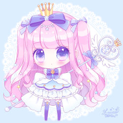 Rule 34 | 1girl, arms behind back, big head, blue background, blue bow, blue dress, blue eyes, blue footwear, blue thighhighs, blush, boots, bow, chibi, closed mouth, commentary request, crown, doily, dress, frilled dress, frills, full body, hair bow, highres, himetsuki luna, long hair, magical girl, mini crown, original, pink hair, signature, solo, staff, standing, star (symbol), thigh boots, thighhighs, twitter username, two side up, very long hair