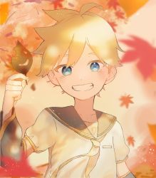 Rule 34 | 1boy, arm warmers, autumn leaves, bass clef, black collar, blonde hair, blue eyes, blurry, blurry background, blurry foreground, collar, commentary, falling leaves, grin, highres, holding, holding leaf, kagamine len, leaf, looking at viewer, male focus, necktie, sailor collar, shirt, short sleeves, smile, smiley face, solo, spiked hair, vocaloid, white shirt, yellow necktie, zarame (komayaba)