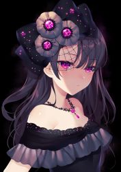 Rule 34 | 1girl, achiki, bare shoulders, black background, black bow, black dress, black hair, bow, breasts, cleavage, closed mouth, collarbone, dress, expressionless, hair bow, hair ornament, jewelry, long hair, looking at viewer, necklace, original, purple eyes, sanpaku, sidelocks, simple background, solo, upper body