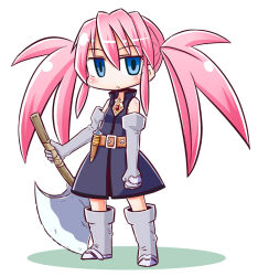 Rule 34 | 1girl, axe, bare shoulders, black dress, blue eyes, blush, boots, chibi, closed mouth, commentary request, dress, elbow gloves, full body, gloves, grey footwear, grey gloves, hair between eyes, holding, holding axe, long hair, looking at viewer, naga u, pink hair, presea combatir, shadow, simple background, sleeveless, sleeveless dress, solo, standing, tales of (series), tales of symphonia, twintails, very long hair, white background