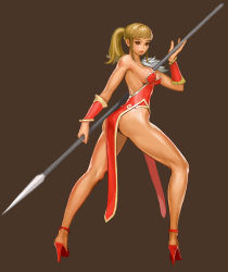 Rule 34 | 1girl, armpits, bare shoulders, blonde hair, breasts, china dress, chinese clothes, closed mouth, dress, from side, full body, high heels, highres, holding, holding weapon, looking at viewer, looking to the side, lynn (mabinogi), mabinogi, mabinogi heroes, medium breasts, no panties, pelvic curtain, polearm, ponytail, preter, red dress, red footwear, shiny skin, shoes, sideboob, sidelocks, solo, spear, standing, strapless, strapless dress, tan, thighs, vambraces, weapon, yellow eyes