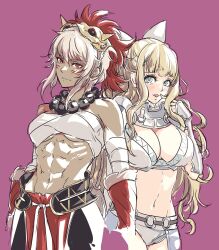 Rule 34 | 2girls, armor, bead necklace, beads, biceps, bikini armor, blonde hair, blue eyes, bow, breasts, charlotte (fire emblem), chest sarashi, cleavage, fire emblem, fire emblem fates, highres, jewelry, mask, mask on head, multiple girls, muscular, muscular female, necklace, nintendo, obliques, pauldrons, red eyes, rinkah (fire emblem), sarashi, shoulder armor, umi ( oneinchswing), wavy hair, white bow, white hair