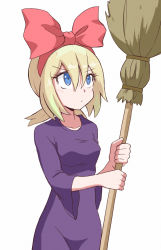 Rule 34 | 1girl, blonde hair, blue eyes, blush, bow hairband, breasts, broom, closed mouth, collarbone, commentary request, cosplay, creatures (company), dress, eyelashes, game freak, hairband, highres, holding, holding broom, irida (pokemon), kiki (majo no takkyuubin), kiki (majo no takkyuubin) (cosplay), kurachi mizuki, majo no takkyuubin, medium hair, nintendo, pink hairband, pokemon, pokemon legends: arceus, purple dress, simple background, sleeves past elbows, solo, white background