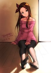Rule 34 | 1girl, artist name, bare shoulders, black pantyhose, breasts, brown eyes, brown hair, dated, dress, feet, hair ribbon, highres, idolmaster, idolmaster (classic), indoors, long hair, minase iori, no shoes, pantyhose, parted bangs, ribbed sweater, ribbon, sidelocks, sitting, sleeves past wrists, small breasts, smile, soles, solo, sunlight, sweater, sweater dress, swept bangs, tachibana roku