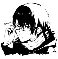 Rule 34 | 1boy, adjusting eyewear, arisaka ako, black hair, closed mouth, coat, expressionless, glasses, greyscale, looking at viewer, male focus, monochrome, original, simple background, solo, sweater, turtleneck, turtleneck sweater, twitter username, upper body