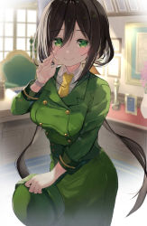 Rule 34 | 1girl, amakawa sakko, blush, breasts, brown hair, coat, collared shirt, commentary request, green coat, green eyes, green hat, hair between eyes, hat, hayakawa tazuna, highres, holding, holding clothes, holding hat, indoors, large breasts, long sleeves, looking at viewer, necktie, shirt, smile, solo, umamusume, unworn hat, unworn headwear, white shirt, yellow necktie