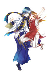 Rule 34 | 2boys, :d, absurdres, aged down, arm up, bandage over one eye, blue hair, blue hakama, blue scarf, brown hair, clenched hand, date masamune (sengoku basara), full body, grin, hakama, hakama pants, highres, hug, japanese clothes, jumping, kimono, looking at viewer, male focus, multiple boys, official alternate costume, open mouth, pants, red eyes, sanada yukimura (sengoku basara), sawa12sss, scarf, sengoku basara, simple background, slit pupils, smile, teeth, upper teeth only, white background, white kimono, yellow eyes