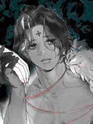 Rule 34 | 1boy, almostghost, black eyes, black hair, chrollo lucilfer, cross tattoo, earrings, facial mark, facial tattoo, feather trim, feathers, floral background, flower, forehead mark, forehead tattoo, glowing, glowing earrings, hair between eyes, highres, holding, holding hands, hunter x hunter, jewelry, looking at viewer, male focus, nude, short hair, solo, tattoo, upper body