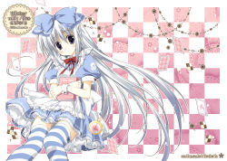Rule 34 | alice (alice in wonderland), alice in wonderland, bad id, bad pixiv id, blue eyes, blue hair, book, bow, candy, card, floating card, food, hair bow, highres, korie riko, long hair, pocket watch, solo, striped clothes, striped thighhighs, thighhighs, very long hair, watch