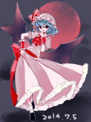 Rule 34 | 1girl, ascot, bat wings, blue hair, bow, dated, dress, frilled dress, frilled skirt, frills, full body, full moon, hand on own chin, hand to own mouth, hat, hat ribbon, highres, looking at viewer, mob cap, moon, namauni, puffy short sleeves, puffy sleeves, red eyes, red moon, remilia scarlet, ribbon, shoes, short hair, short sleeves, skirt, skirt set, smile, socks, solo, tongue, tongue out, touhou, white socks, wings, wrist cuffs