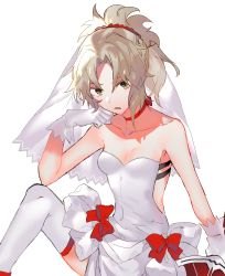 Rule 34 | 1girl, absurdres, bad id, bad pixiv id, bow, breasts, bridal veil, choker, clarent (fate), cleavage, collarbone, dress, dress bow, fate/grand order, fate (series), gloves, head rest, highres, messy hair, mordred (fate), mordred (fate/apocrypha), scrunchie, simple background, solo, sword, thighhighs, user kchu3383, veil, weapon, wedding dress, white background, white thighhighs