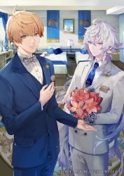 Rule 34 | 2boys, ahoge, arthur pendragon (fate), bed, blonde hair, blue eyes, blue hair, blue neckwear, blue suit, bouquet, bow, bowtie, closed mouth, collared shirt, commentary request, cowboy shot, fate/grand order, fate/prototype, fate (series), flower, formal, fuyuomi, grey hair, grey neckwear, hair between eyes, holding, holding bouquet, indoors, long hair, looking at viewer, male focus, merlin (fate), multiple boys, necktie, open mouth, pants, pillow, shirt, short hair, smile, standing, suit, very long hair, white shirt, white suit
